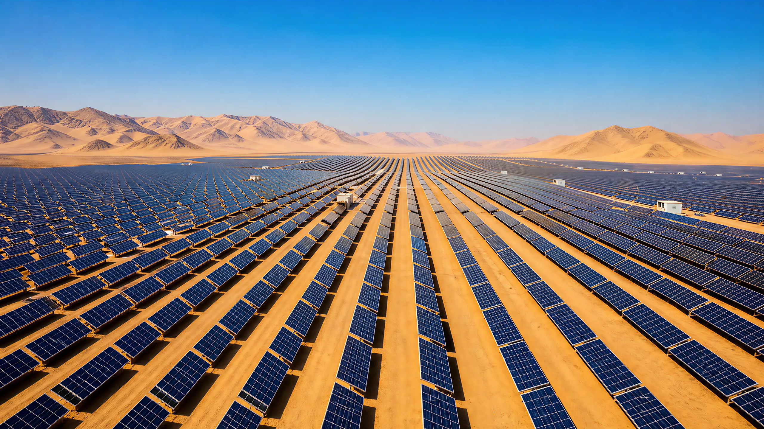 Rows of solar panels stretching across a desert towards distant mountains